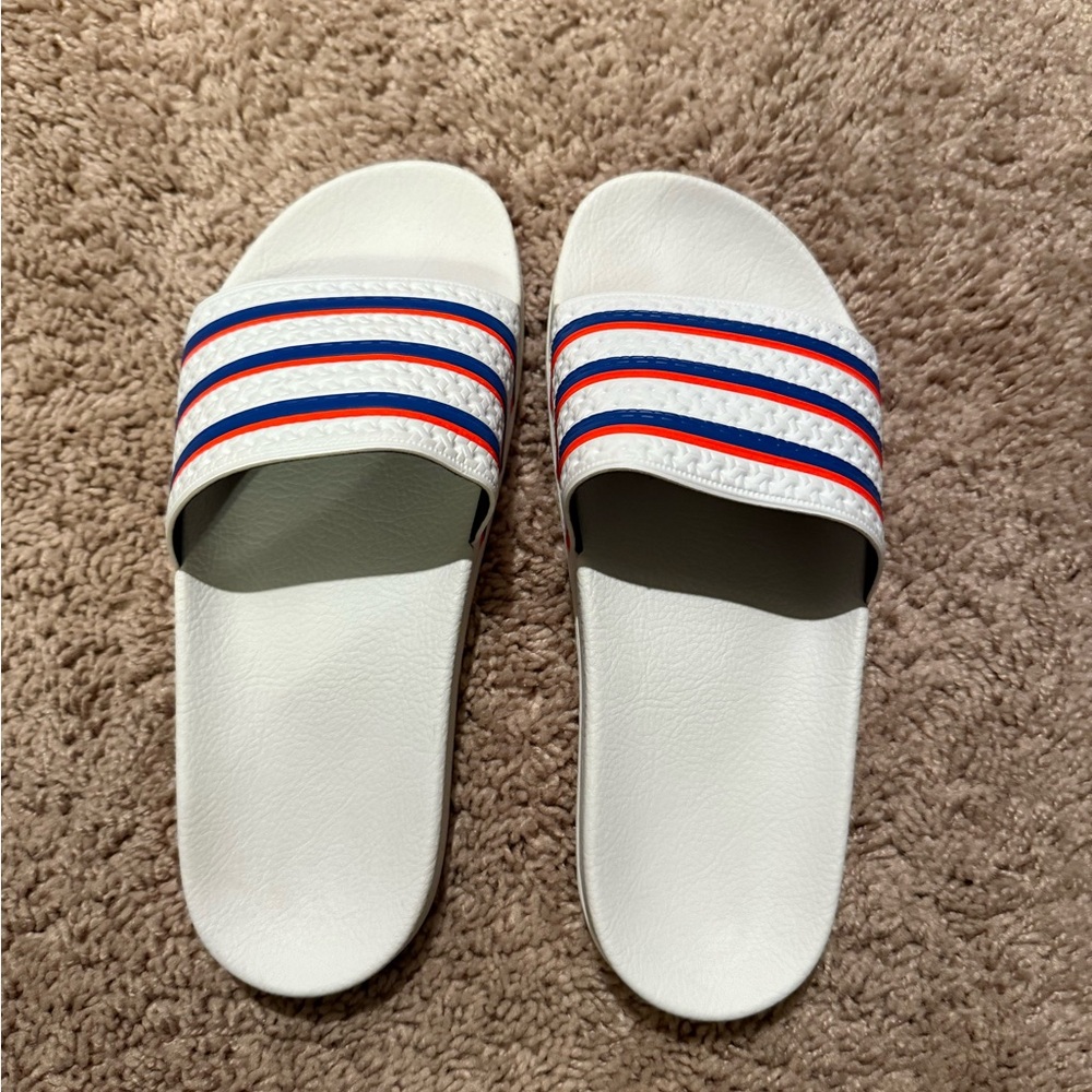 Adidas adilettes White Slides with orange and Blue Stripes